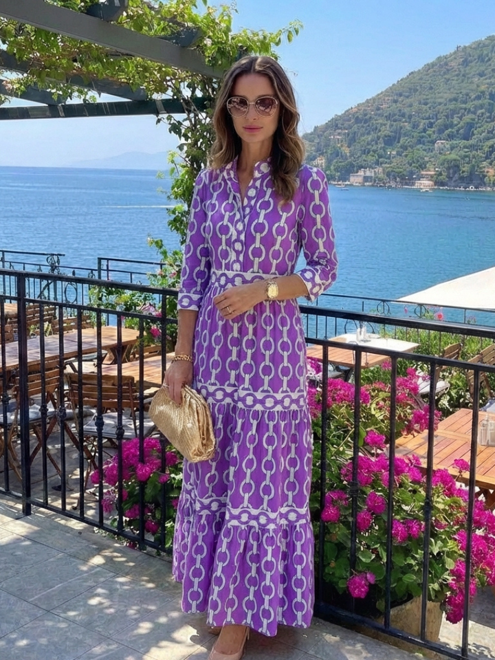 Ysolde | Vestido Midi de Manga 3/4 con Diseño de Cadena