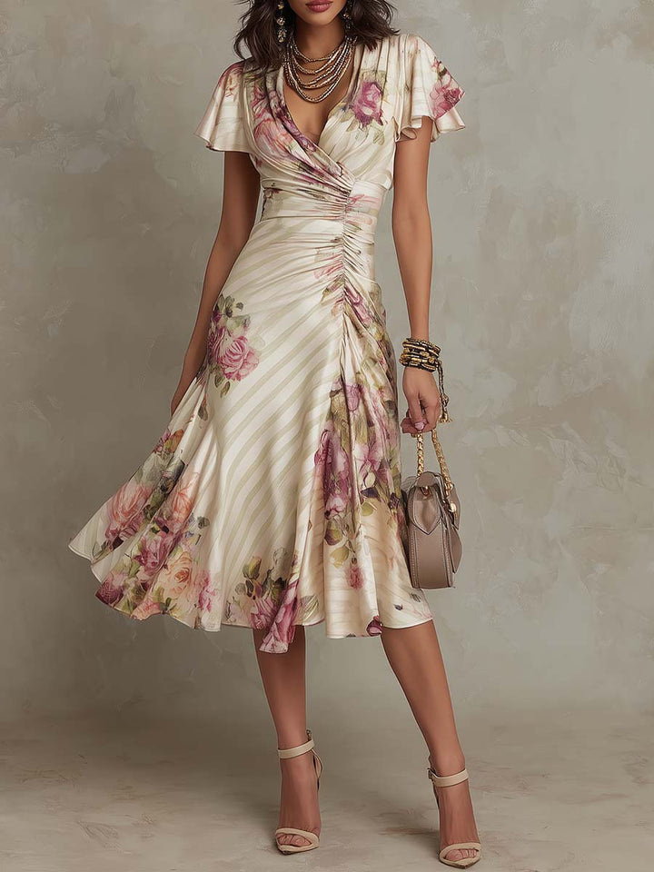 Alba | Vestido midi retro de satén con estampado floral elegante