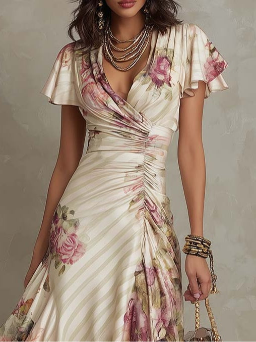 Alba | Vestido midi retro de satén con estampado floral elegante
