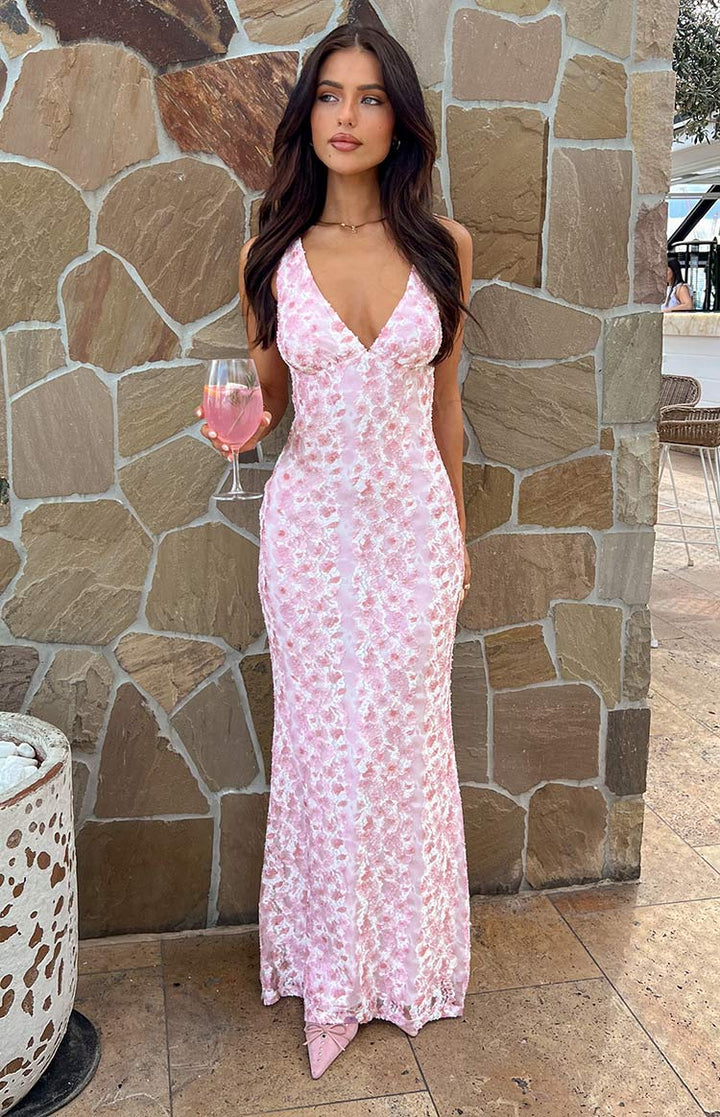 Farida - Vestido Maxi de Encaje en Color Rosa