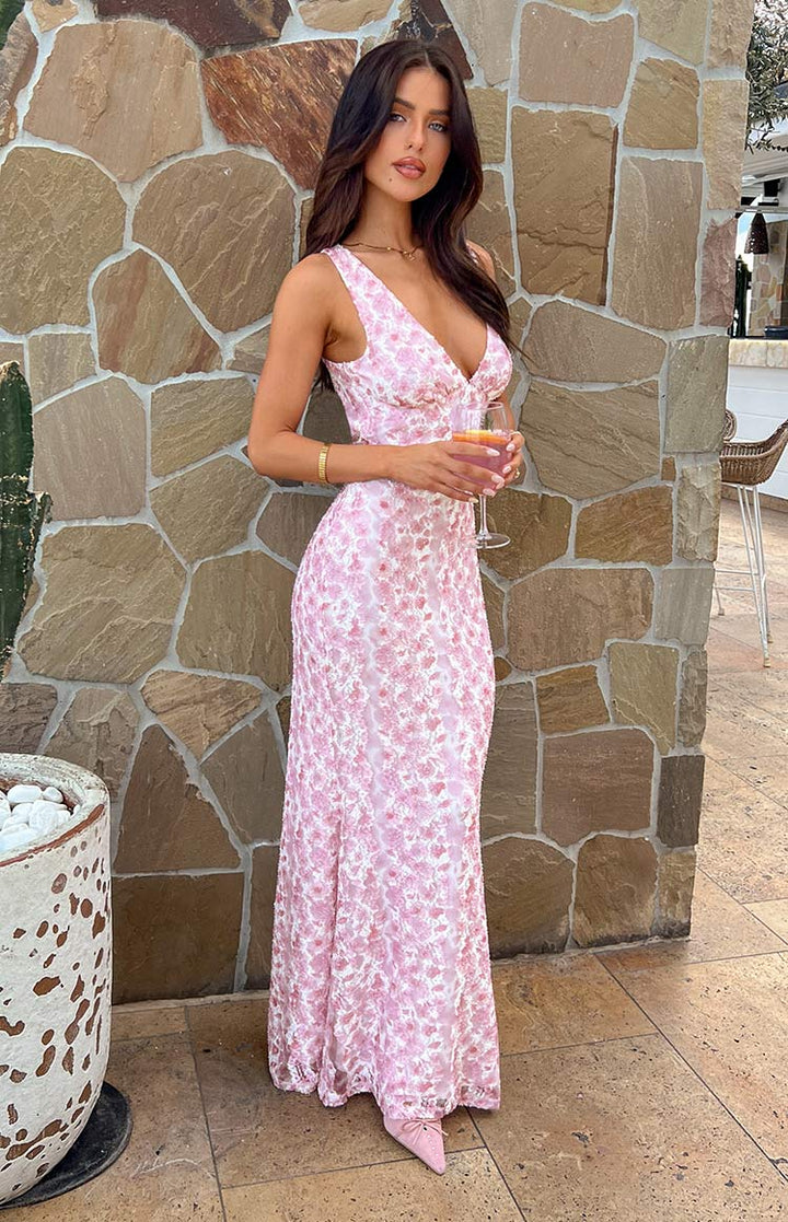 Farida - Vestido Maxi de Encaje en Color Rosa