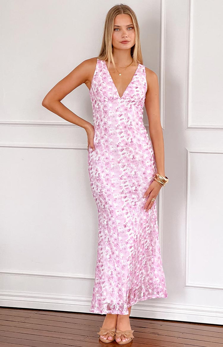 Farida - Vestido Maxi de Encaje en Color Rosa