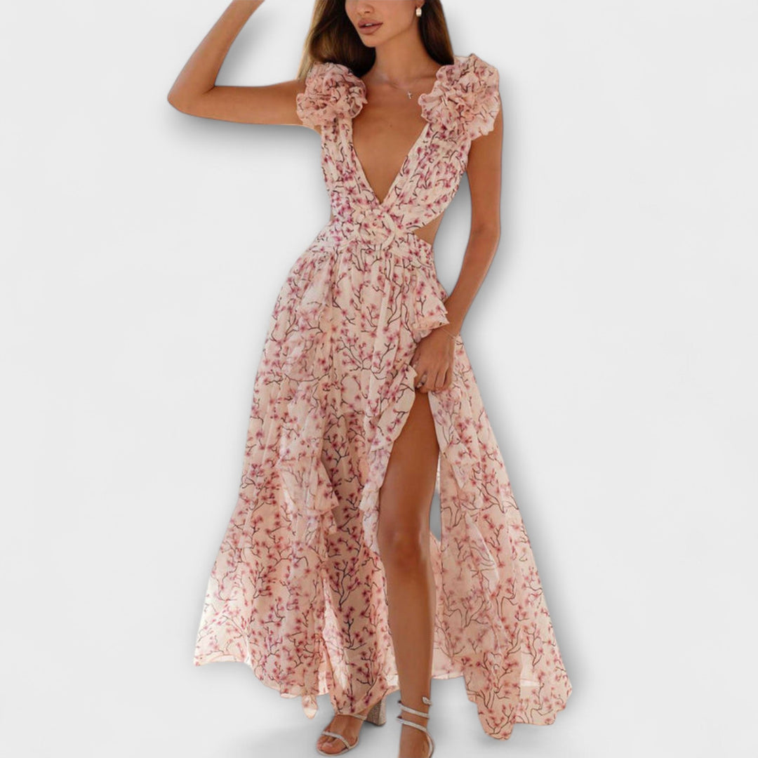 Elin - Vestido maxi con volantes y recortes