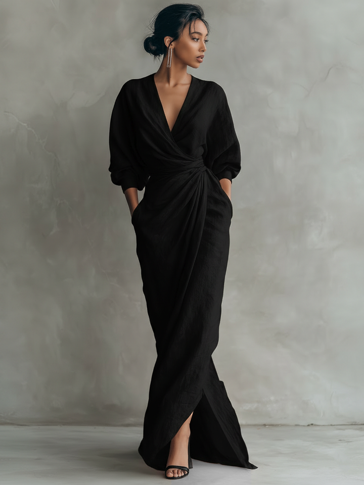 Maxivestido de lino rosa con escote en V