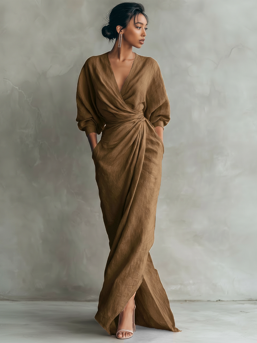 Maxivestido de lino rosa con escote en V