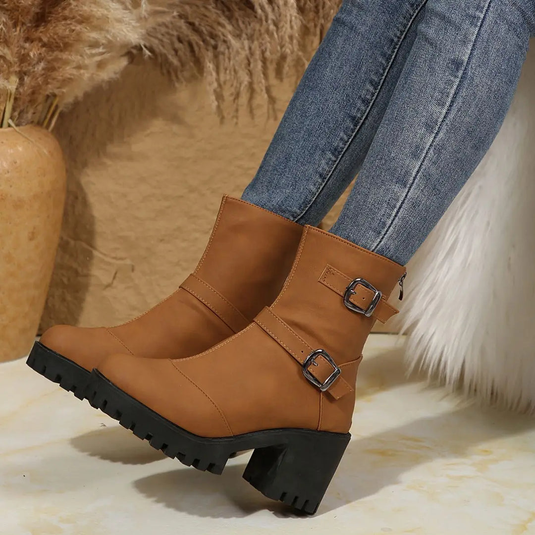 Renata™ | Botas cortas de tacón grueso, piel suave, estilo británico