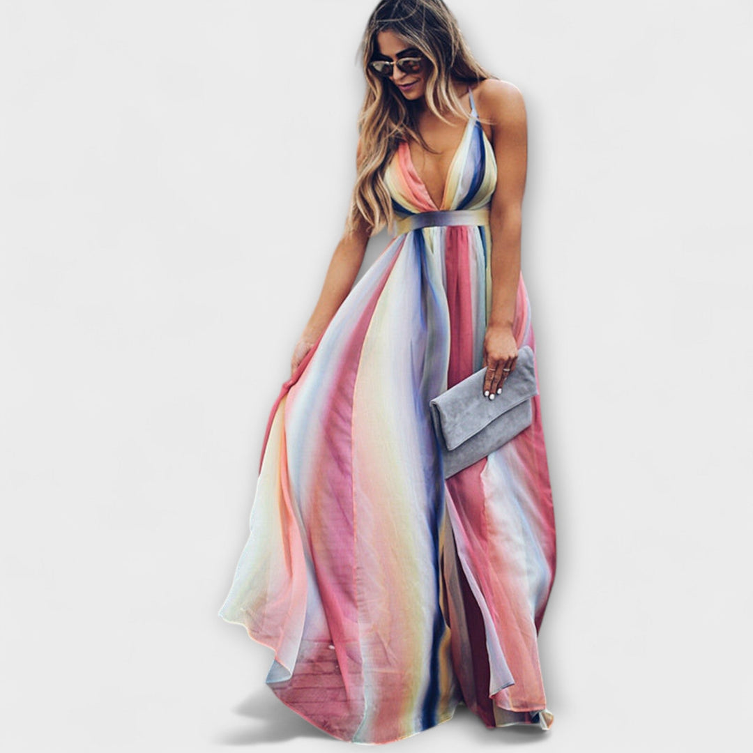 Vestido de mujer a rayas multicolor con escote en V