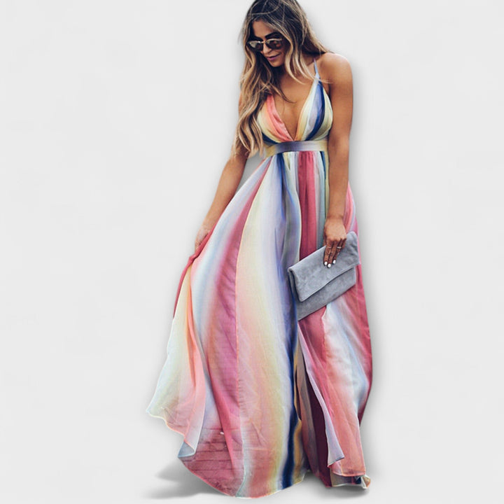 Vestido de mujer a rayas multicolor con escote en V
