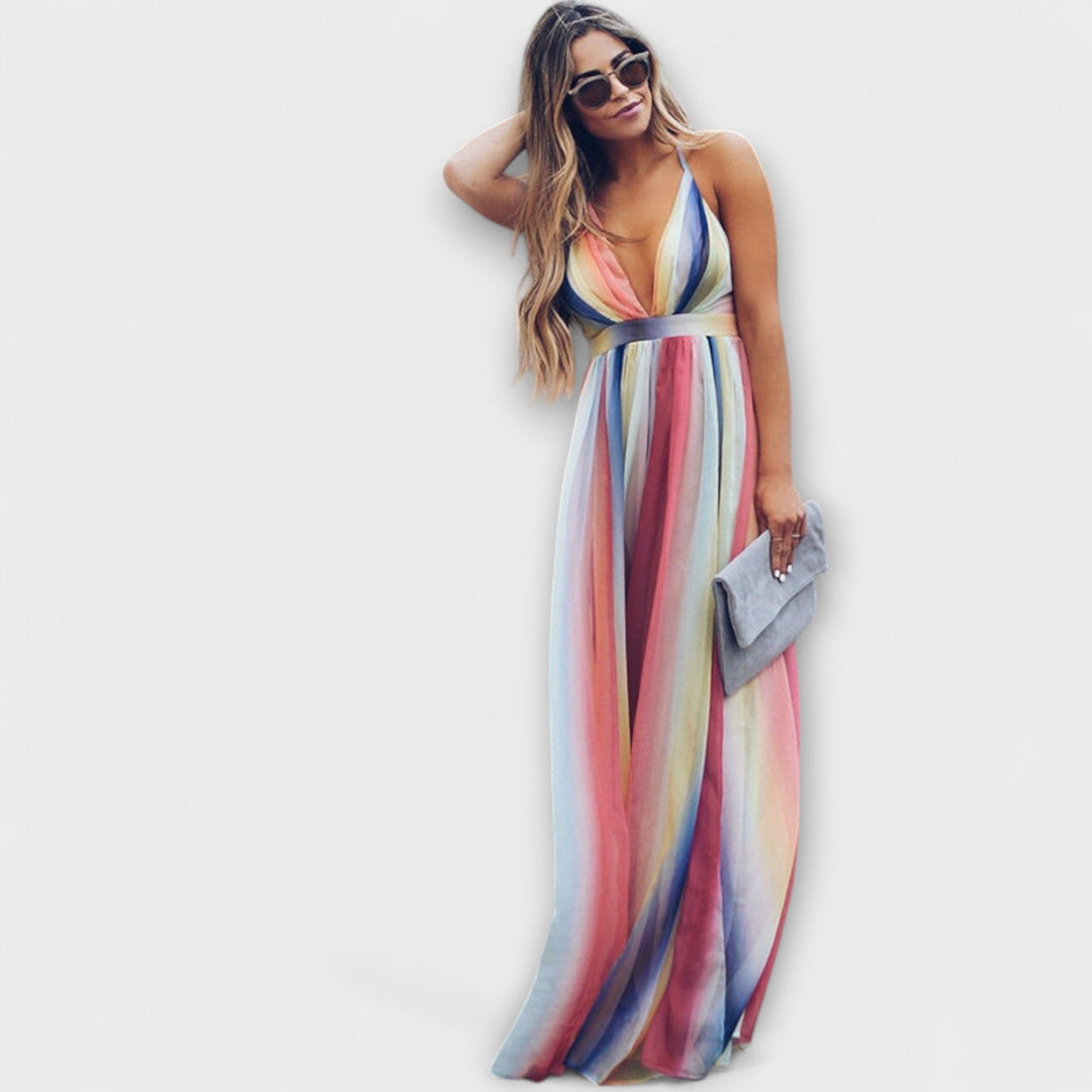 Vestido de mujer a rayas multicolor con escote en V