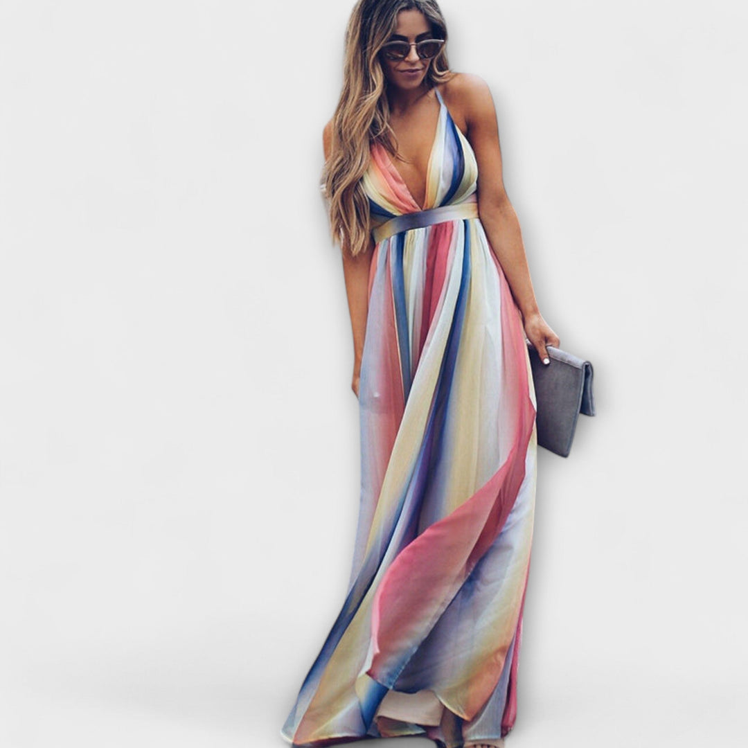 Vestido de mujer a rayas multicolor con escote en V