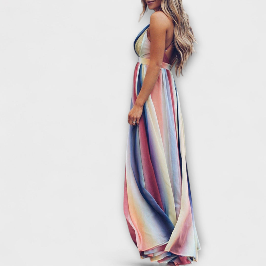 Vestido de mujer a rayas multicolor con escote en V