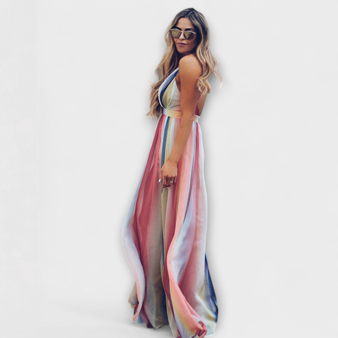 Vestido de mujer a rayas multicolor con escote en V