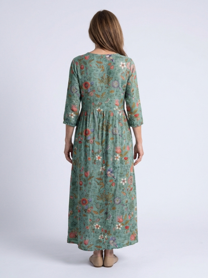Marina | Vestido Maxi Floral con Escote en V y Mangas Tres Cuartos