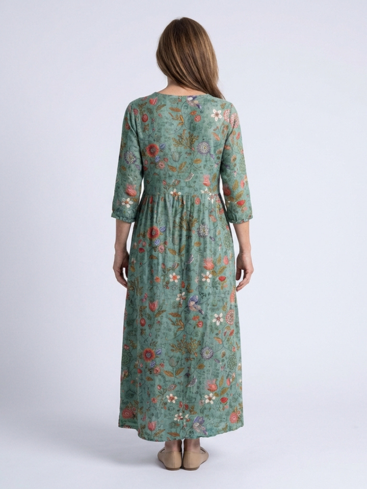 Marina | Vestido Maxi Floral con Escote en V y Mangas Tres Cuartos