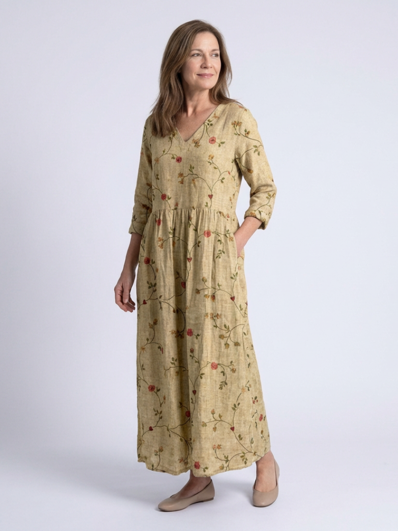 Marina | Vestido Maxi Floral con Escote en V y Mangas Tres Cuartos