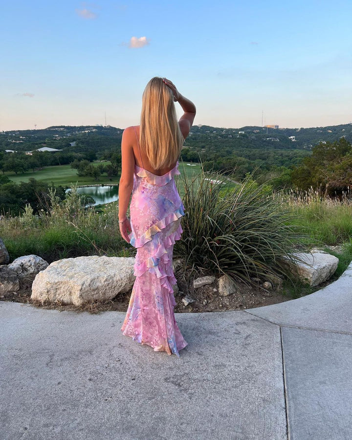 Olivia | Vestido maxi floral con volantes y espalda abierta