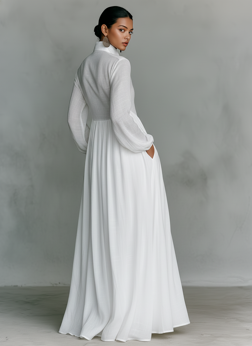 Maxi Vestido de Lino con Cuello Alto