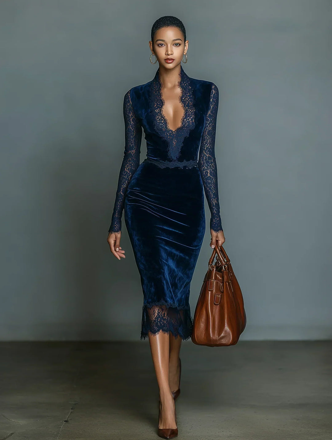Vestido midi de terciopelo con escote en V y detalles de encaje