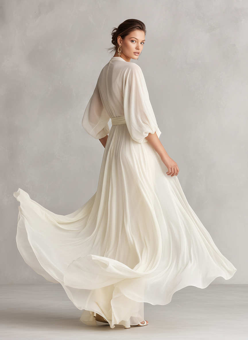 Sefa - Vestido de Gasa Transparente en Color Marfil