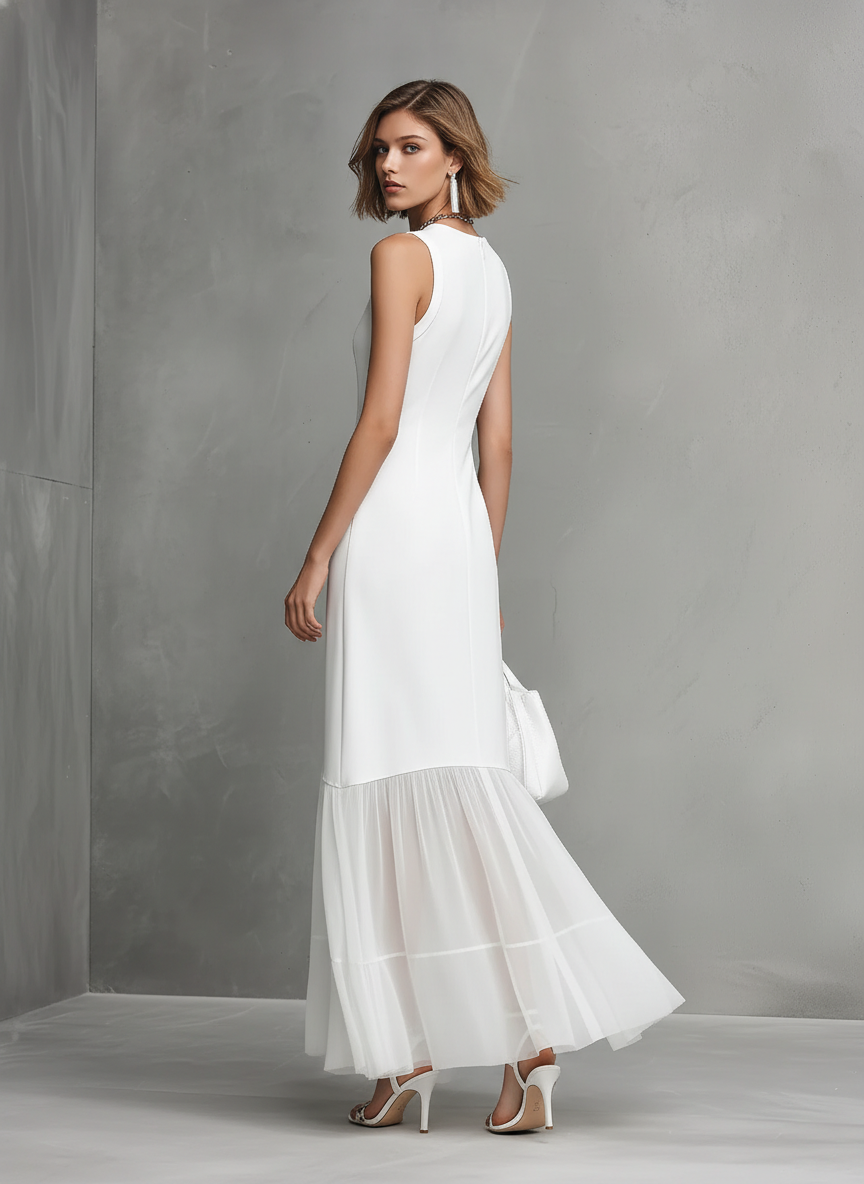 Vestido Blanco Sin Mangas Elegante para Mujeres con Detalles de Seda de Leche y Chifón