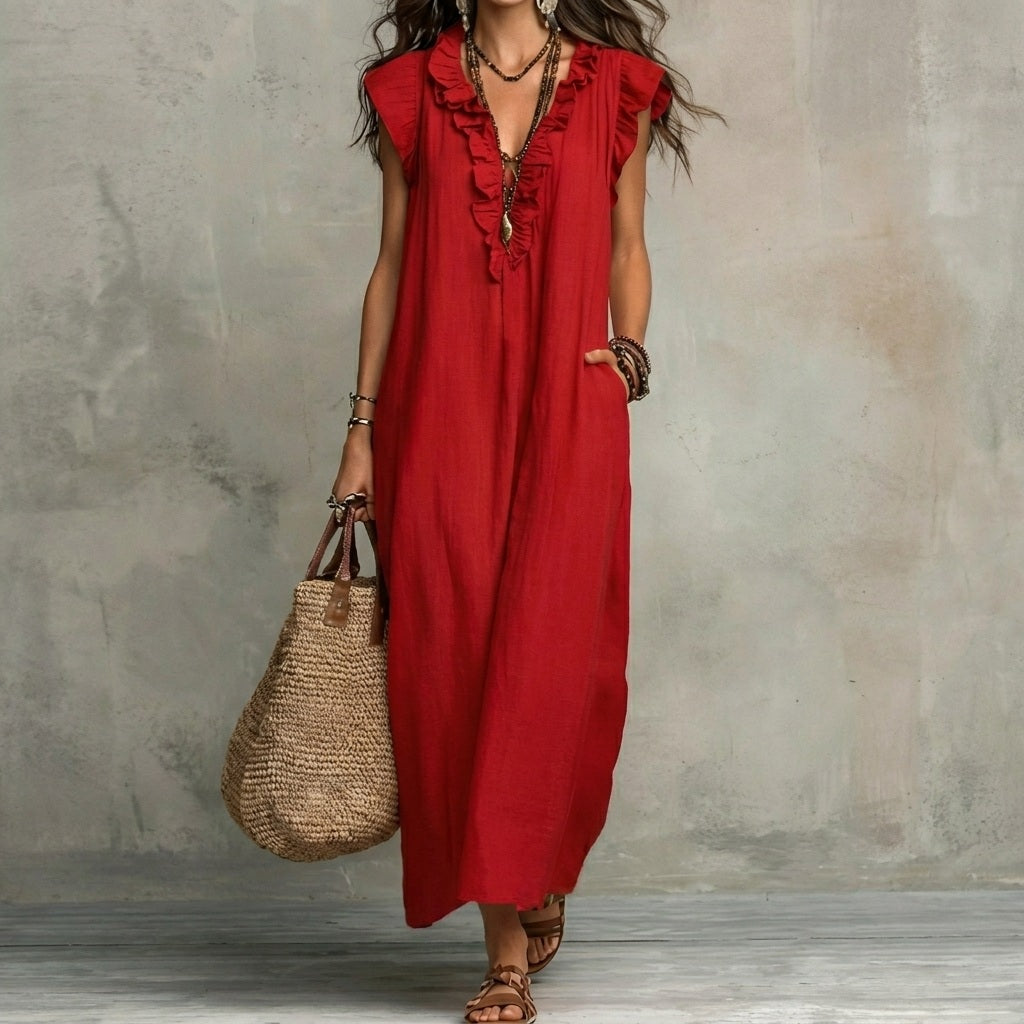 Josefina | Vestido Largo de Lino Texturizado con Escote en V y Detalles de Volantes