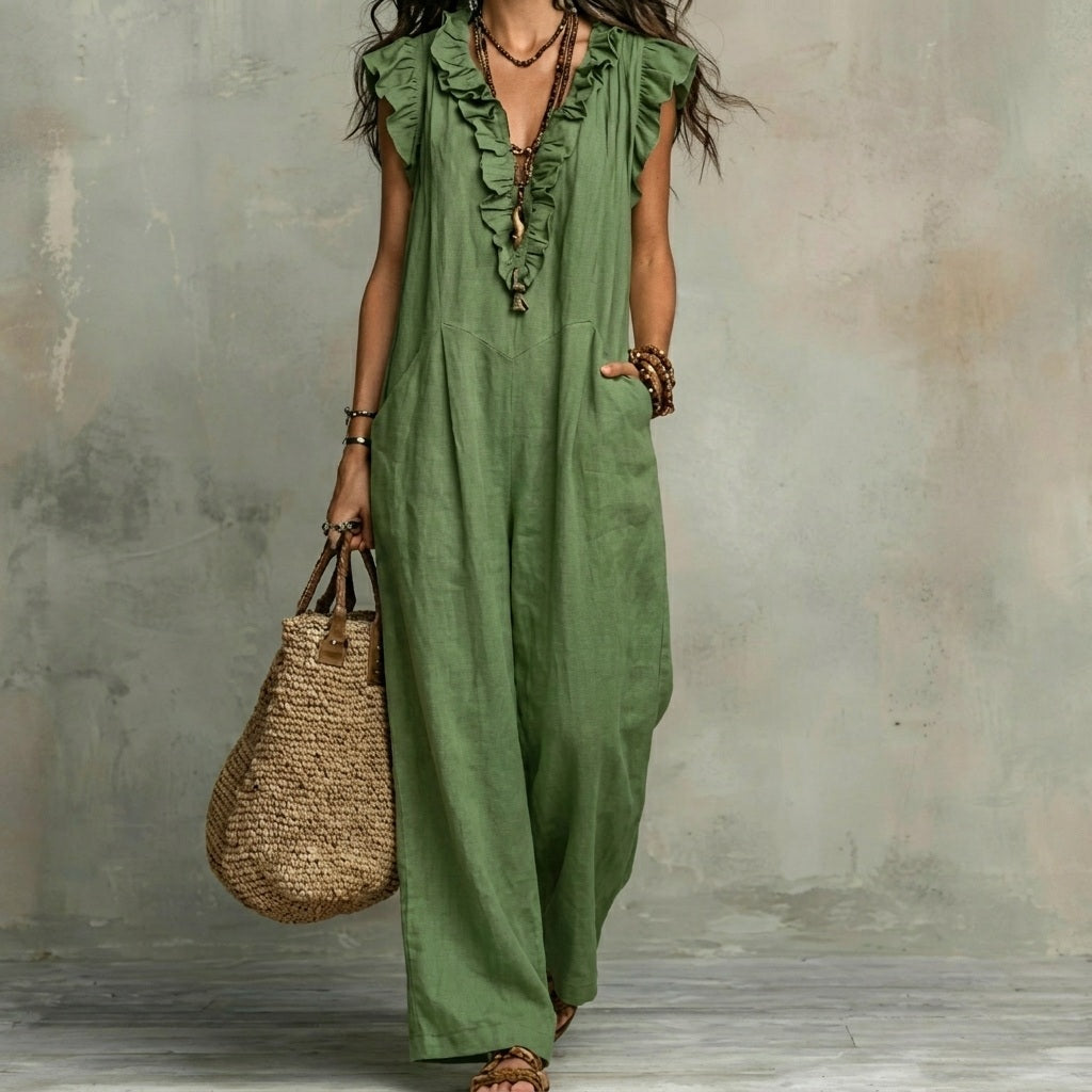 Josefina | Vestido Largo de Lino Texturizado con Escote en V y Detalles de Volantes