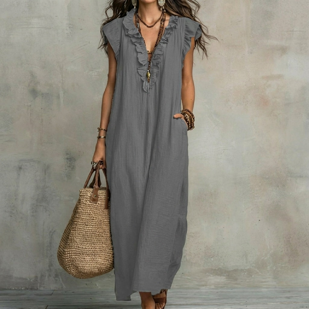 Josefina | Vestido Largo de Lino Texturizado con Escote en V y Detalles de Volantes