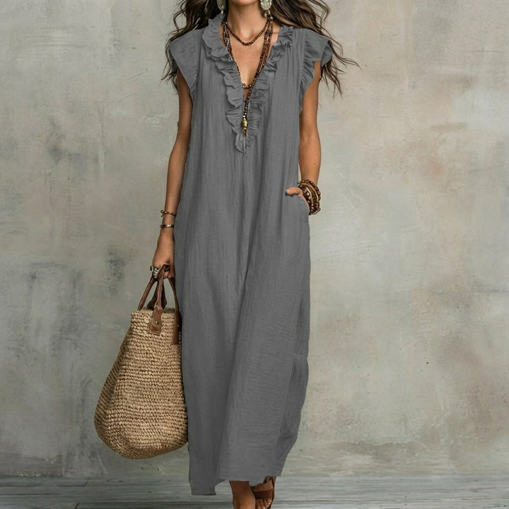Josefina | Vestido Largo de Lino Texturizado con Escote en V y Detalles de Volantes