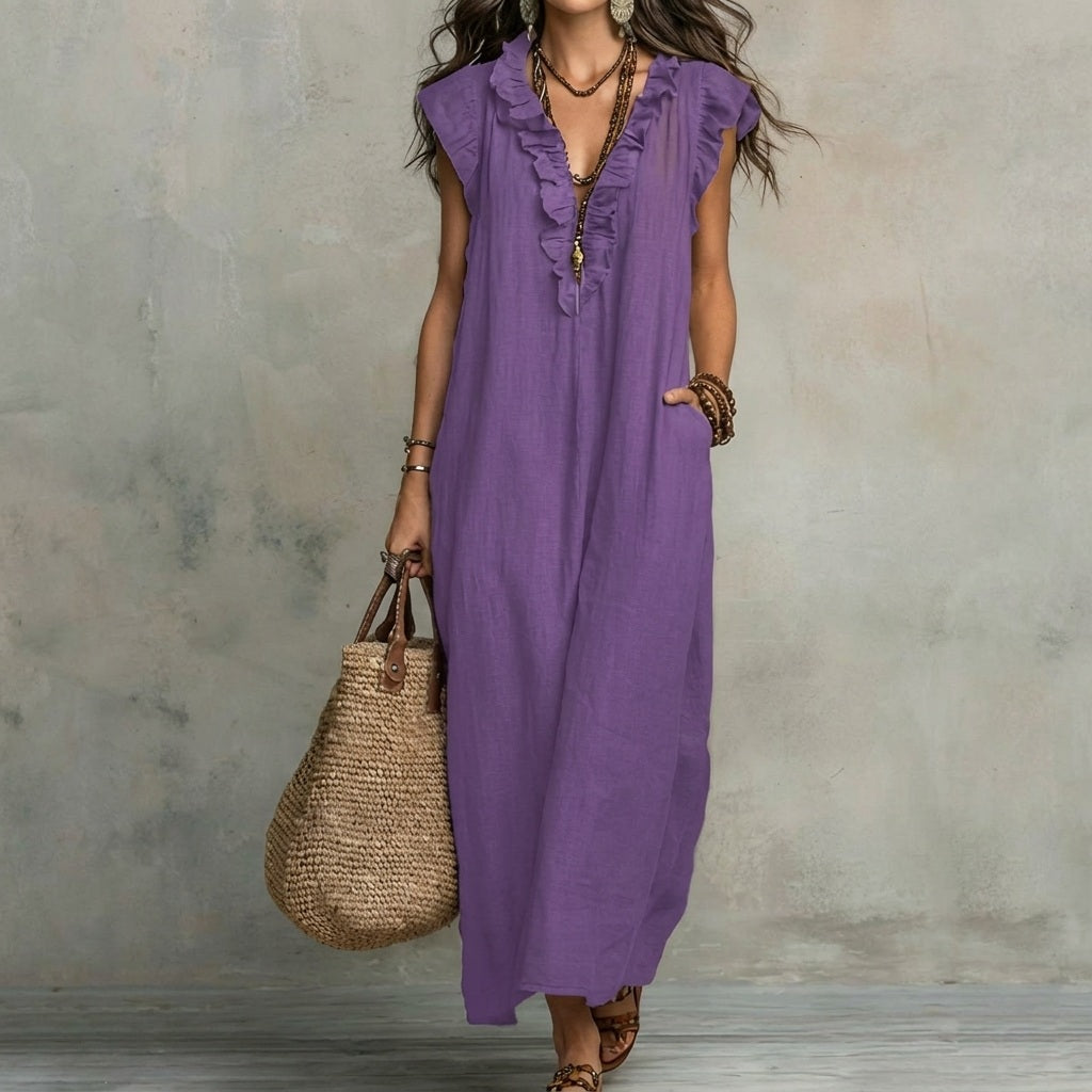 Josefina | Vestido Largo de Lino Texturizado con Escote en V y Detalles de Volantes
