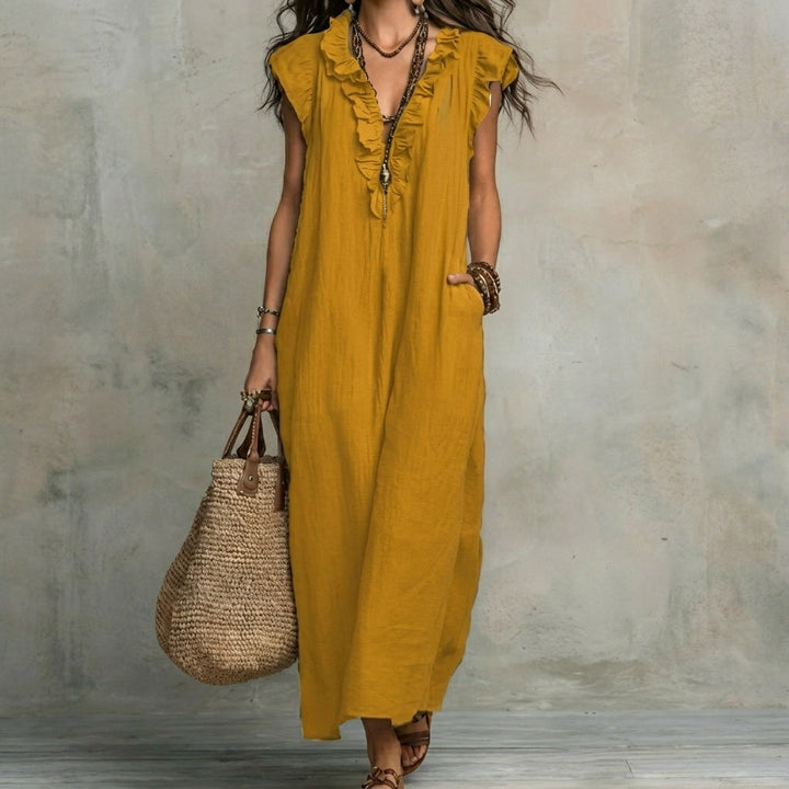 Josefina | Vestido Largo de Lino Texturizado con Escote en V y Detalles de Volantes