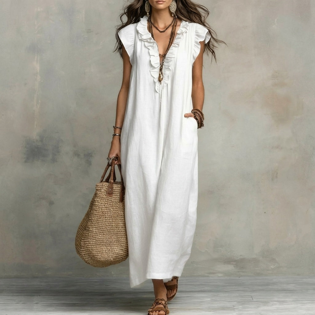 Josefina | Vestido Largo de Lino Texturizado con Escote en V y Detalles de Volantes