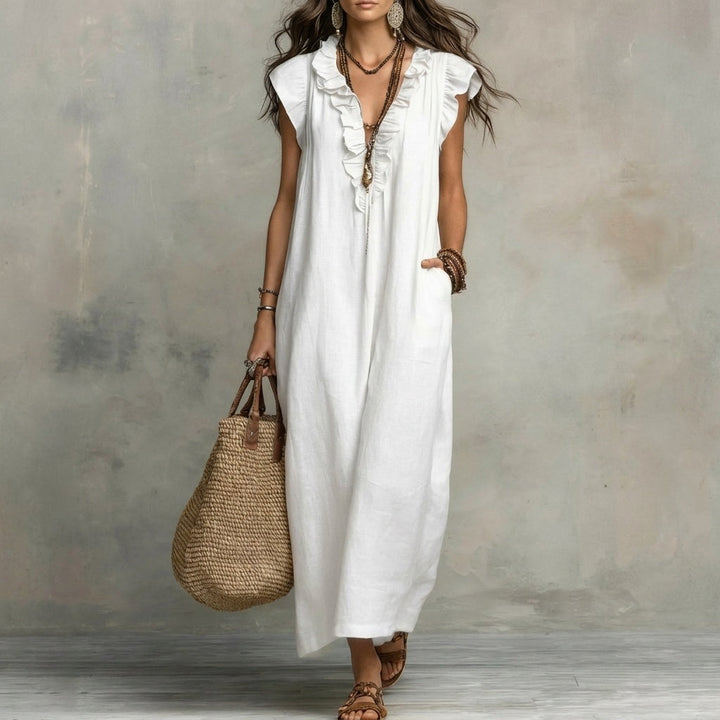 Josefina | Vestido Largo de Lino Texturizado con Escote en V y Detalles de Volantes
