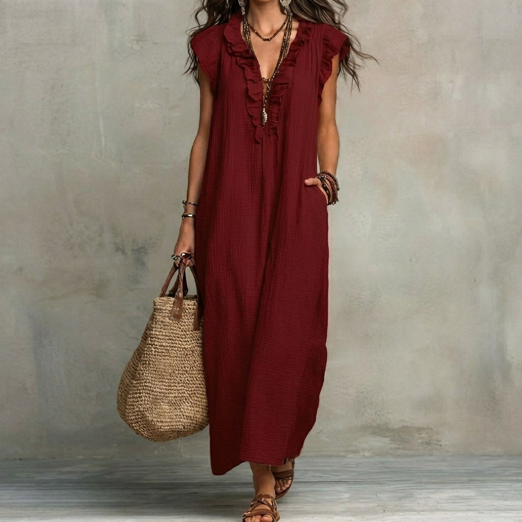 Josefina | Vestido Largo de Lino Texturizado con Escote en V y Detalles de Volantes