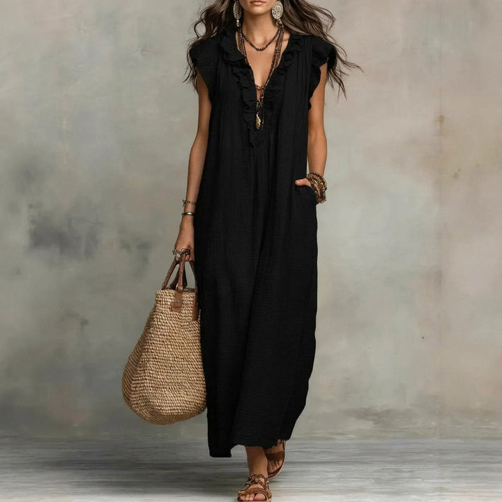 Josefina | Vestido Largo de Lino Texturizado con Escote en V y Detalles de Volantes