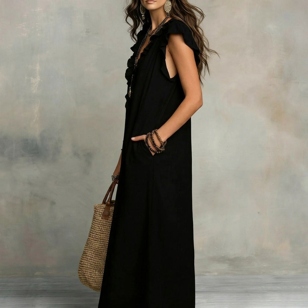 Josefina | Vestido Largo de Lino Texturizado con Escote en V y Detalles de Volantes