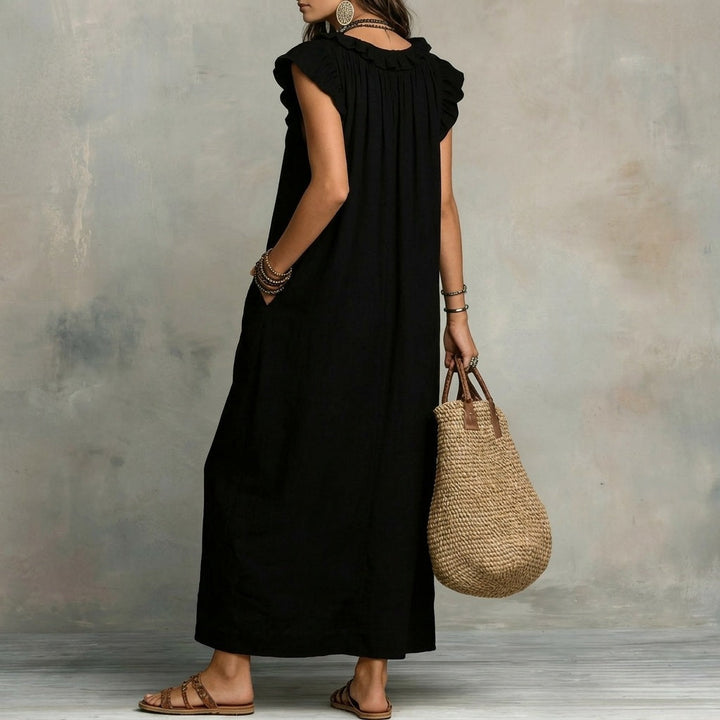 Josefina | Vestido Largo de Lino Texturizado con Escote en V y Detalles de Volantes