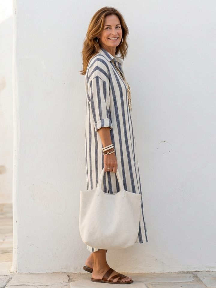 Naomi | Vestido camisero midi de rayas con mangas largas