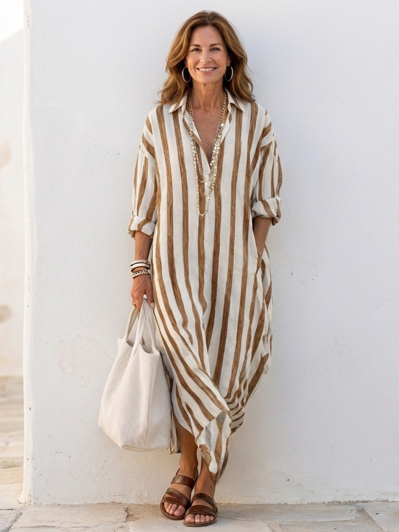Naomi | Vestido camisero midi de rayas con mangas largas