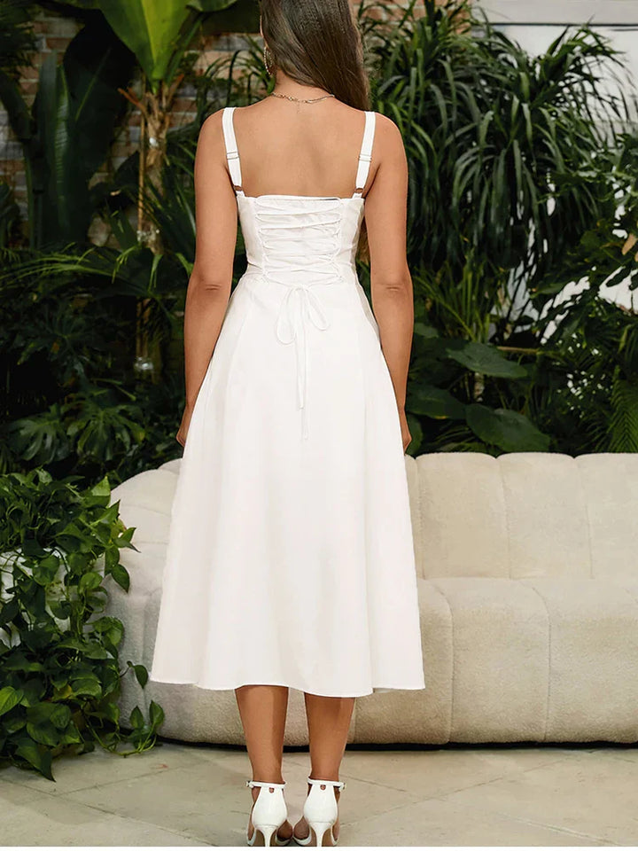 Vana - Vestido Midi Blanco con Corsé y Cierre Trasero
