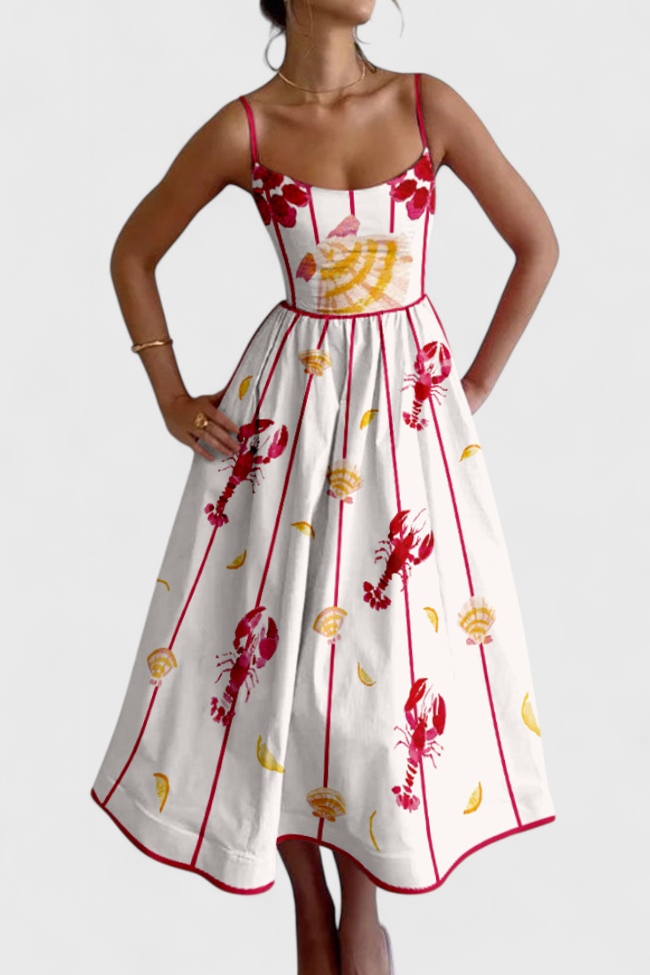 Vestido Vintage Maricela con Tirantes y Estampado de Sardinas