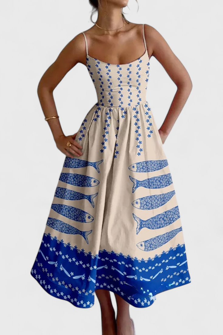 Vestido Vintage Maricela con Tirantes y Estampado de Sardinas