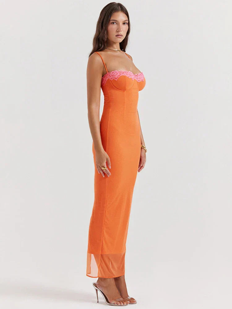 Cherley - Vestido Largo de Encaje en Color Naranja