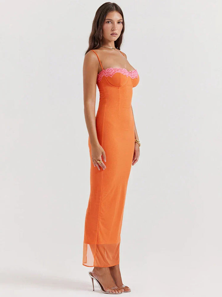 Cherley - Vestido Largo de Encaje en Color Naranja