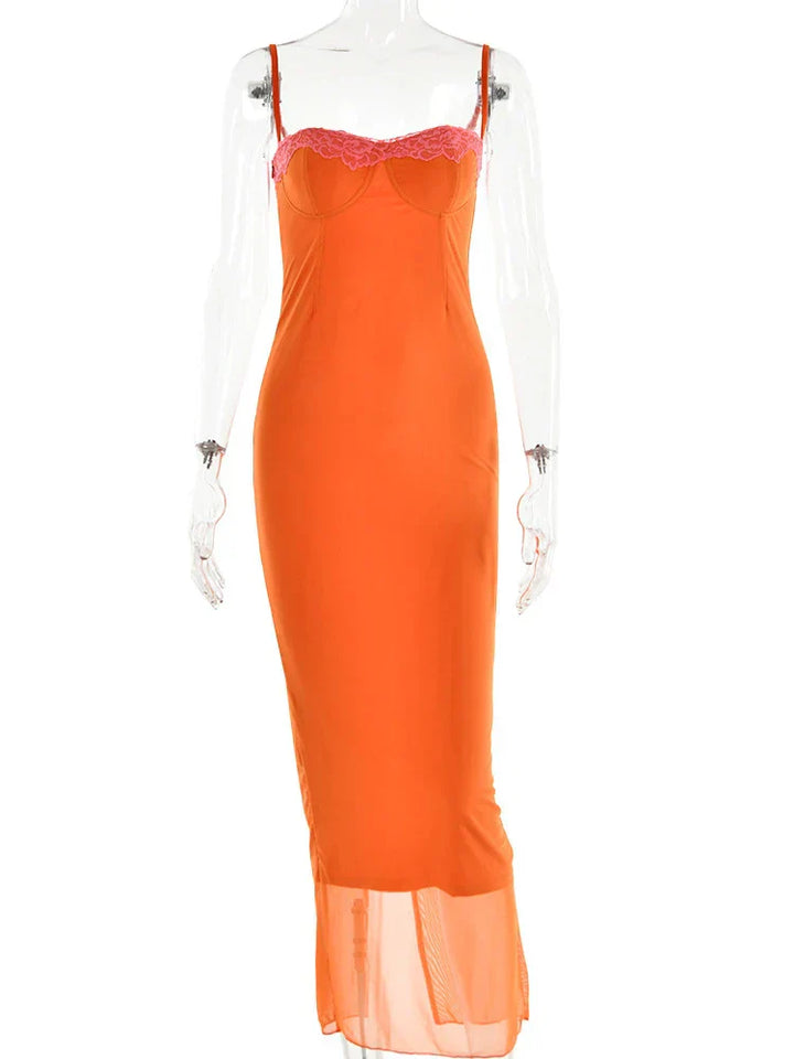 Cherley - Vestido Largo de Encaje en Color Naranja