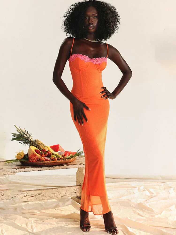 Cherley - Vestido Largo de Encaje en Color Naranja