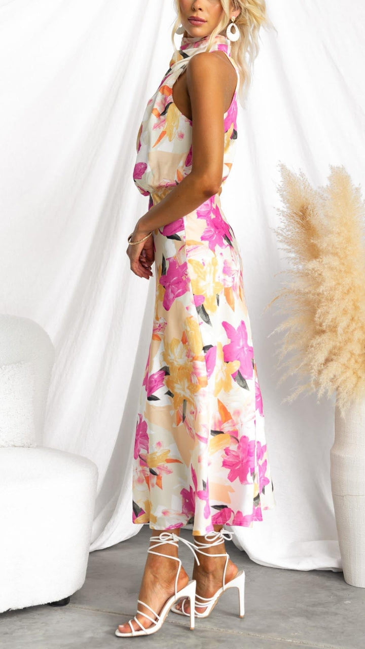 Minirva - Vestido midi de cuello alto con estampado floral encantador