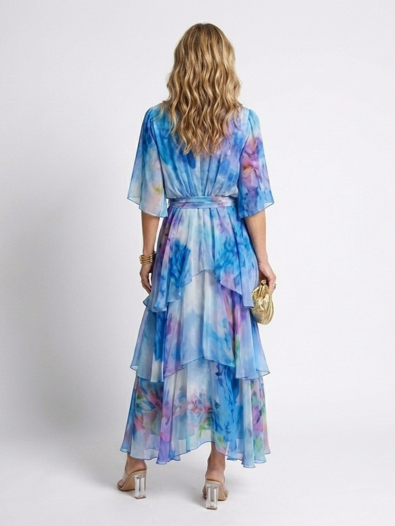 Calista | Vestido largo con capa transparente, escote en V y cinturón ajustable