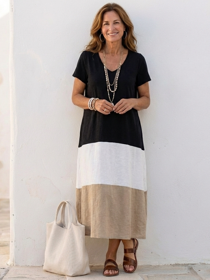 Thalia | Vestido Midi de Manga Corta con Diseño de Bloques de Color y Escote en V