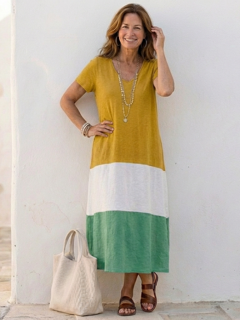 Thalia | Vestido Midi de Manga Corta con Diseño de Bloques de Color y Escote en V