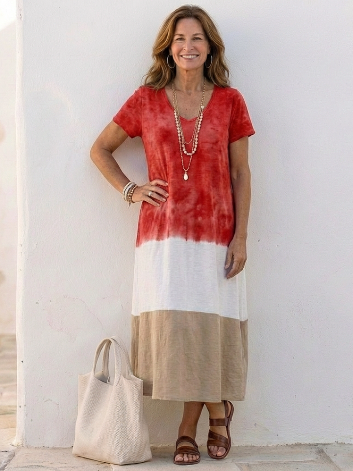 Thalia | Vestido Midi de Manga Corta con Diseño de Bloques de Color y Escote en V